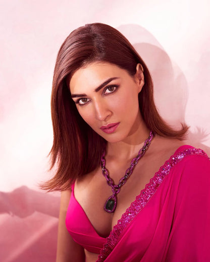 Women's Party Wear Georgette Pink Solid Embellished Designer Saree With Pink Solid Blouse Piece