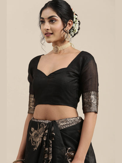 Women’s Banarasi Linen Black Floral Woven Design Woven Saree With Black Solid Blouse Piece