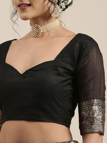 Women’s Banarasi Linen Black Floral Woven Design Woven Saree With Black Solid Blouse Piece