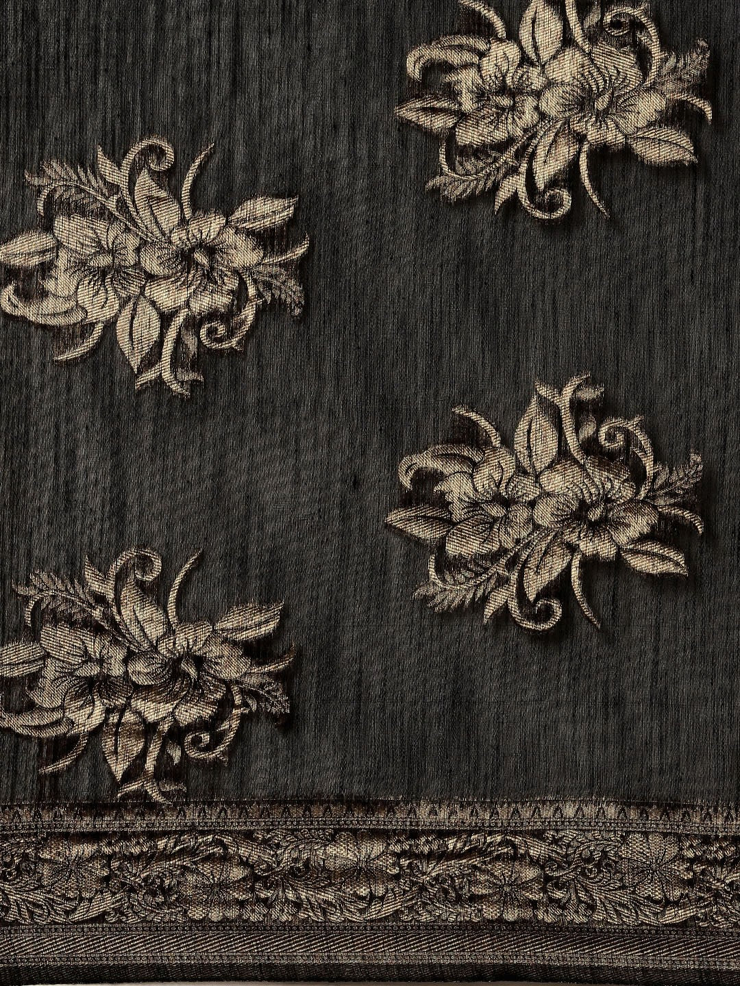 Women’s Banarasi Linen Black Floral Woven Design Woven Saree With Black Solid Blouse Piece
