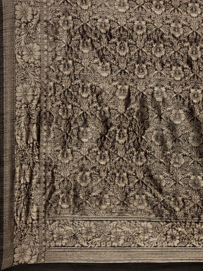 Women’s Banarasi Linen Black Floral Woven Design Woven Saree With Black Solid Blouse Piece
