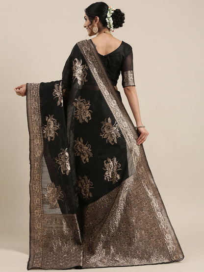 Women’s Banarasi Linen Black Floral Woven Design Woven Saree With Black Solid Blouse Piece