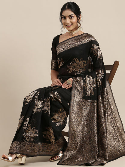 Women’s Banarasi Linen Black Floral Woven Design Woven Saree With Black Solid Blouse Piece