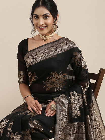 Women’s Banarasi Linen Black Floral Woven Design Woven Saree With Black Solid Blouse Piece