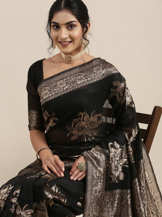 Women’s Banarasi Linen Black Floral Woven Design Woven Saree With Black Solid Blouse Piece