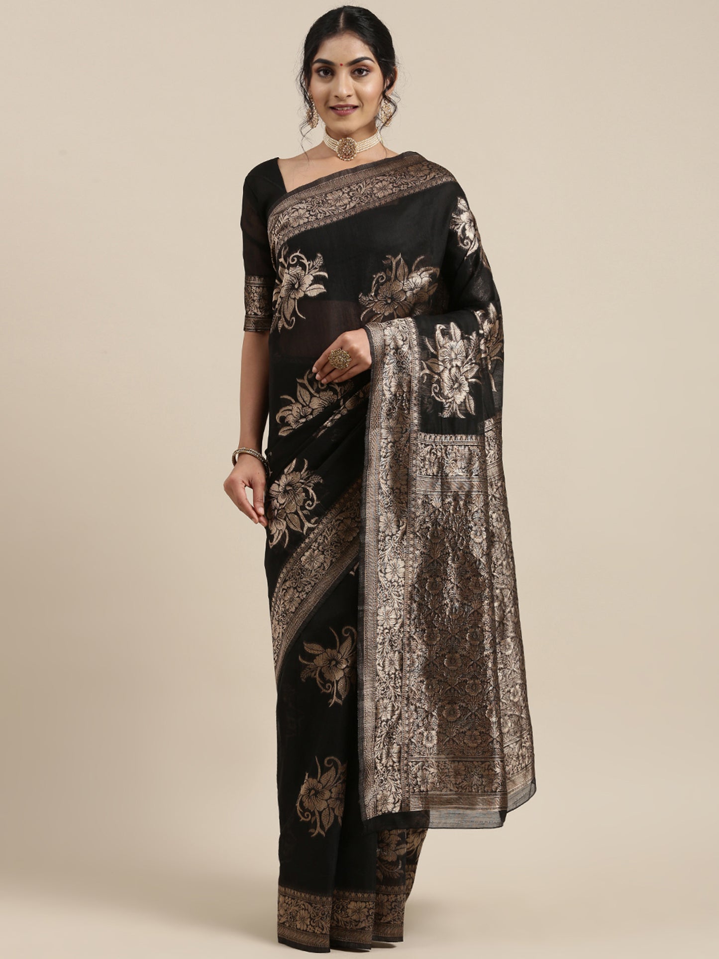 Women’s Banarasi Linen Black Floral Woven Design Woven Saree With Black Solid Blouse Piece