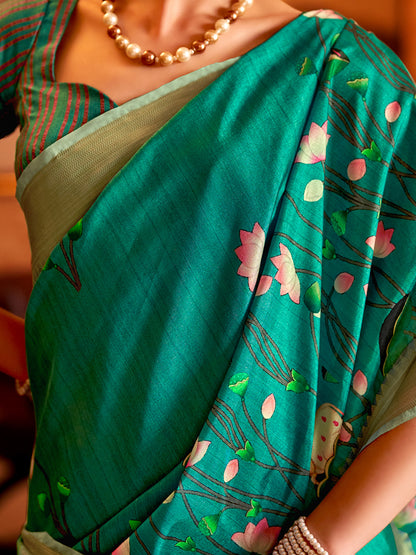 Women's Manipuri Silk Teal blue Printed Designer Saree With Blouse Piece