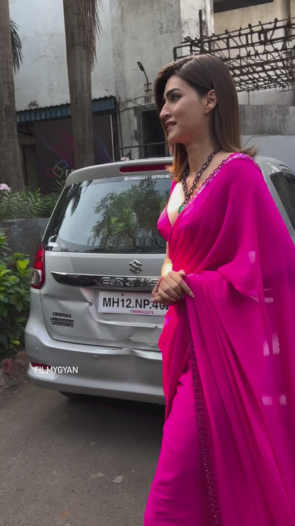 Women's Party Wear Georgette Pink Solid Embellished Designer Saree With Pink Solid Blouse Piece